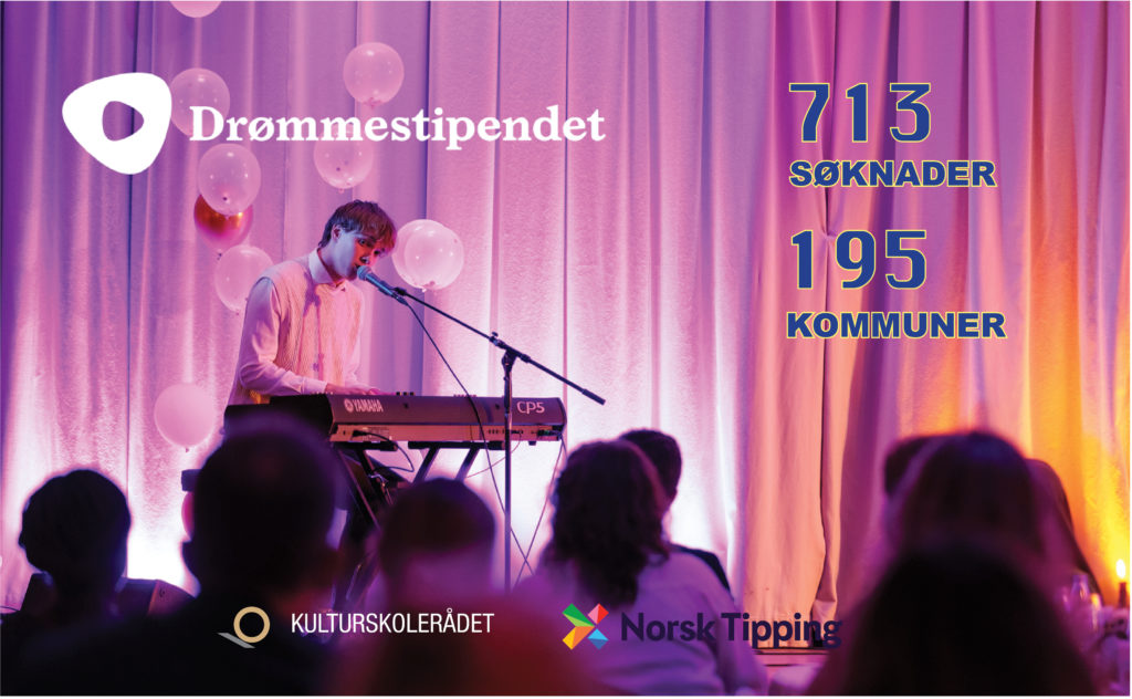 Ung gutt spiller piano, bilde med tekst og logoer.